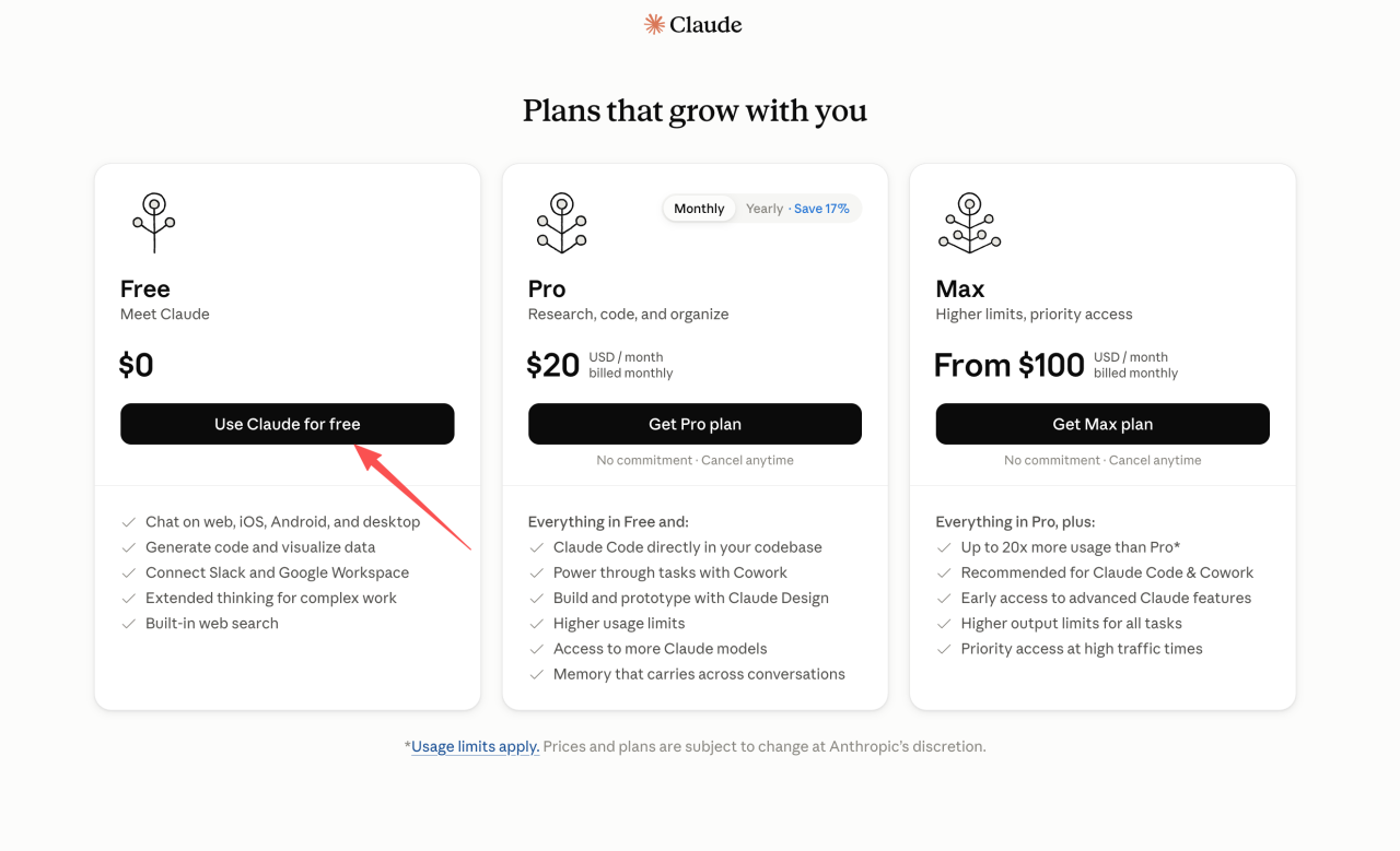首次注册选择 Free 方案